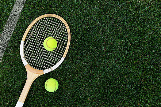 复古,网球拍,自然,草,球,俯视,留白