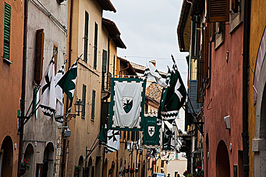 欧洲,意大利,翁布里亚,圣杰米尼,街道,平台,室外,节日,旗帜