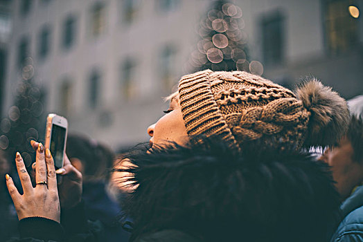 女人,拍照,手机,曼哈顿,圣诞节