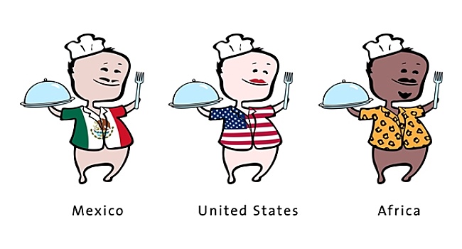 厨师,餐馆,墨西哥,美国,非洲,矢量,插画