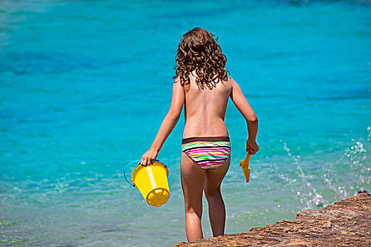 儿童,女孩,后视图,海滩,热带,青绿色,水