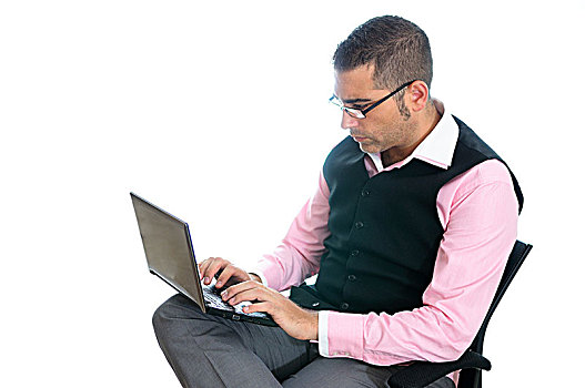 成功,商务人士,眼镜,戴着,背心,粉色,衬衫,看,小,电脑