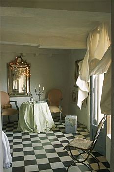客厅,布,桌上,帘,棋盘,石板路,镜子