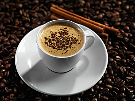 杯子,咖啡,拿铁咖啡,巧克力,粉末,床,咖啡豆,肉桂棒
