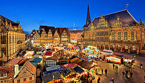 光亮,圣诞市场,市政厅,广场,正面,连栋房屋,塔,暮光,不莱梅,德国,欧洲