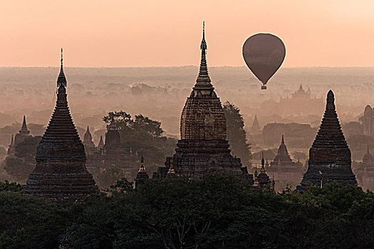 风景,塔,庙宇,热气球,漂浮,上方,地点,日出,晨光,蒲甘,曼德勒,区域,缅甸,亚洲