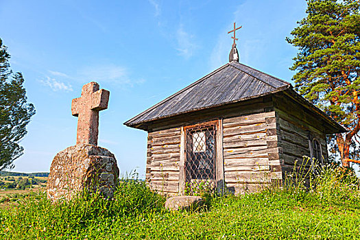 古老,小,木质,东正教,小教堂,石头,十字架,普斯科夫地区,俄罗斯