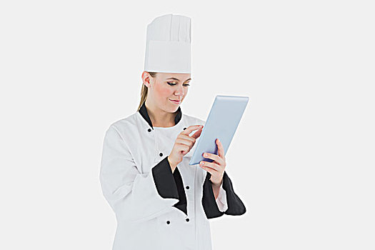 女性,厨师,平板电脑,上方,白色背景