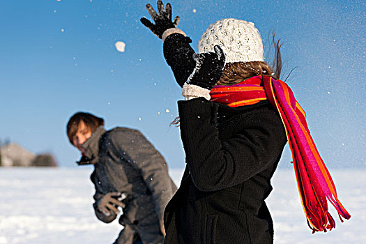 情侣,男人,女人,冬天,走,打雪仗