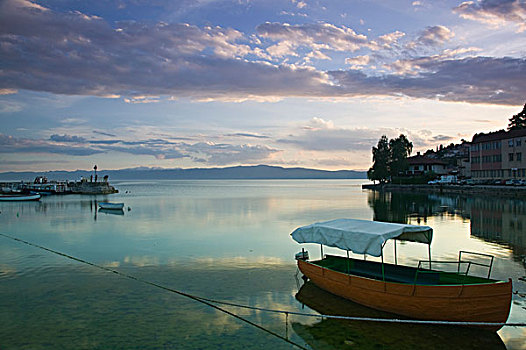 马其顿,湖,港口,水上出租车,黄昏