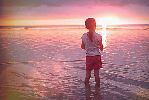思考,女孩,涉水,海洋,平和,日落海滩