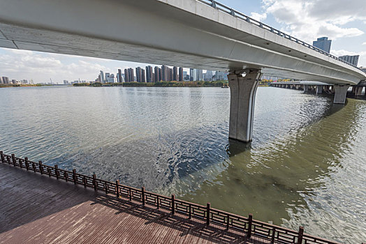 秋季沈阳城市河岸道路桥梁