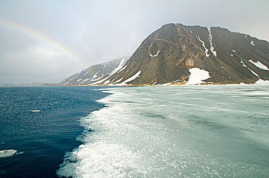 挪威,斯瓦尔巴群岛,斯匹次卑尔根岛,彩虹,上方,峡湾,冰,崎岖,海边风景