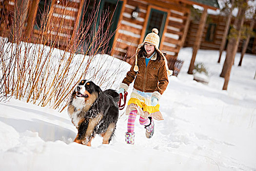 女孩,狗,室外,冬天