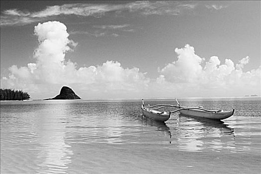 夏威夷,瓦胡岛,卡内奥赫湾,一对,船体,独木舟,静水,斗笠岛,背景,黑白照片