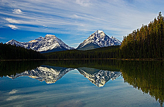 加拿大,落基山脉,反射,湖,漩涡,顶峰,左边,山,右边,碧玉国家公园,艾伯塔省