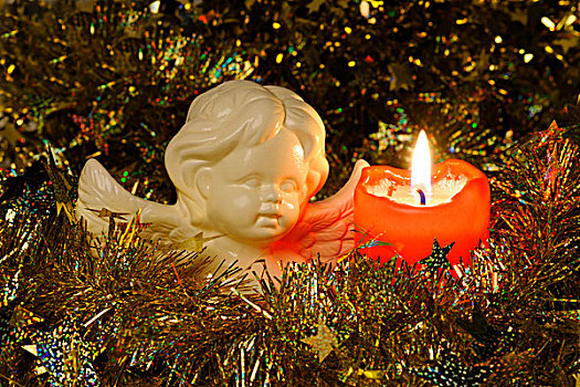 天使,小雕像,旁侧,燃烧,蜡烛,圣诞装饰