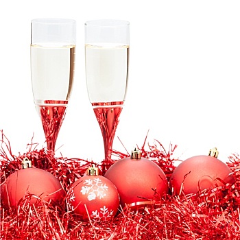 两个,玻璃杯,香槟,红色,圣诞节,装饰