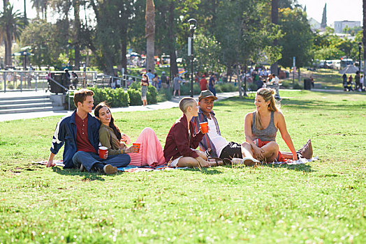五个,年轻人,朋友,坐,公园,洛杉矶,加利福尼亚,美国