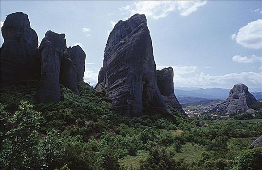 山峦,石头,怪诞,回廊,希腊,欧洲,灌木丛,风景,全景,乡村,房子