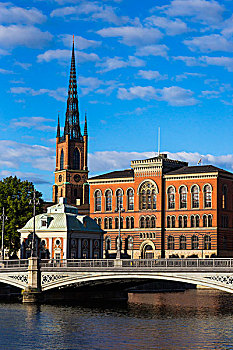 桥,河,骑士岛,教堂,老,国家,档案馆,建筑,斯德哥尔摩,瑞典