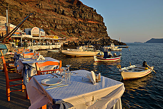 餐馆,渔船,港口,湾,靠近,锡拉岛,基克拉迪群岛,希腊,岛屿,欧洲
