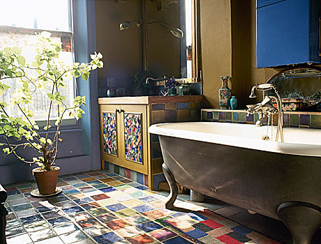 浴室,特写,装饰,图案,地面,水槽,单独,上面,浴缸,盆栽,窗户