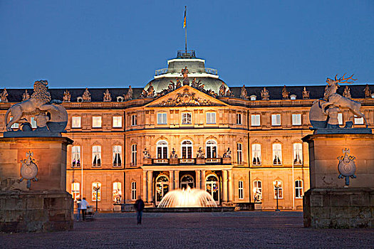 新宫,夜晚,斯图加特,巴登符腾堡,德国,欧洲
