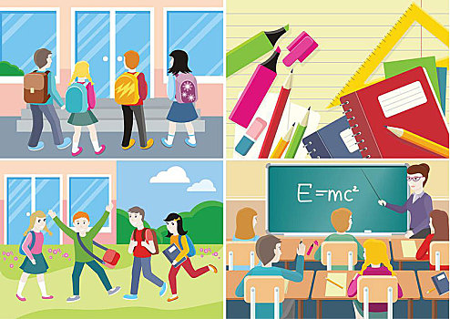 返校,旗帜,教师,靠近,黑板,教室,学习用品,笔记本,铅笔,笔,群体,学生,学校,学习过程