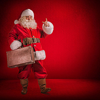 圣诞节,圣诞老人,站立,旅行,包,红色背景