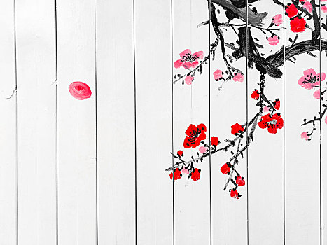 中国水墨画梅花画在白色的木板上