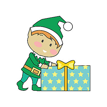 仙女,小精灵,圣诞礼物,设计,矢量,有趣,圣诞节,绿色,套装,拿着,计算,礼盒,条纹,寒假,庆贺,象征,白色背景