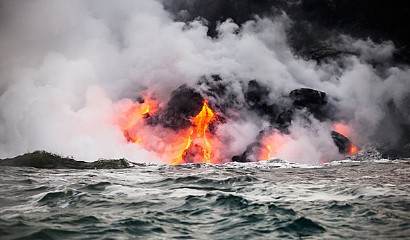 火山,火山爆发,发光,热,火山岩,流动,太平洋,海洋,夏威夷火山国家公园,夏威夷大岛,夏威夷,美国,北美