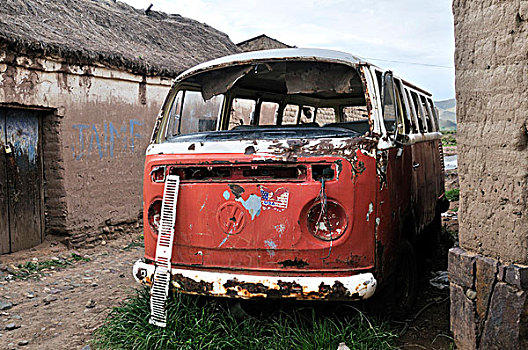 老,红色,大众汽车,巴士,玻利维亚,高原,高地,南美