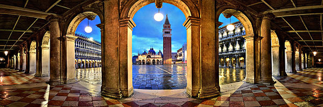 走廊,夜晚,全景,风景,圣马可广场,威尼斯,意大利