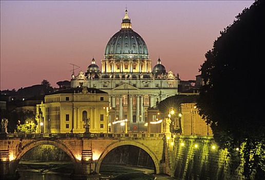 台伯河,圣天使桥,圣彼得大教堂,罗马,拉齐奥,意大利,欧洲