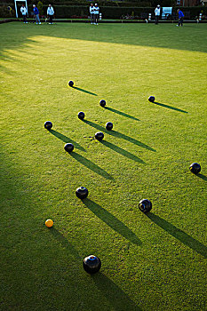 草坪,保龄球,球,平滑,玩,表面,绿色,一个,小,黄色,迟,太阳,影子,草地