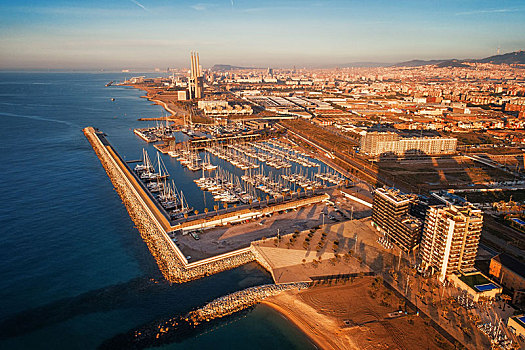 巴塞罗那,海岸,码头,航拍,西班牙,日出