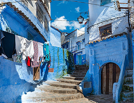 楼梯,狭窄,小路,蓝色,房子,麦地那,舍夫沙万,沙温,摩洛哥,非洲