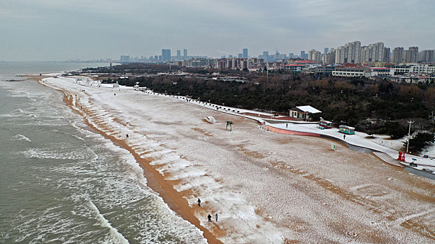 龙年瑞雪悄然而至,游客漫游海边赏雪打卡