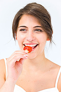 女人,吃,草莓