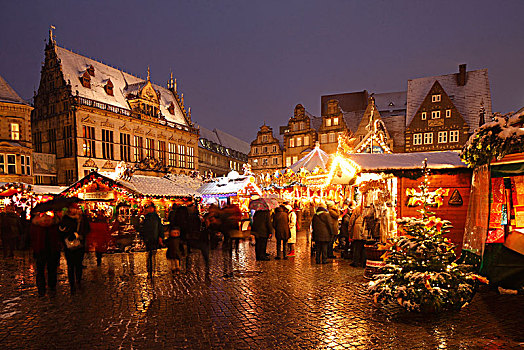圣诞市场,黄昏,不莱梅,德国