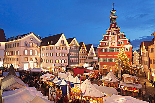 光亮,圣诞市场,正面,老市政厅,埃斯林根,内卡河,巴登符腾堡,德国,欧洲