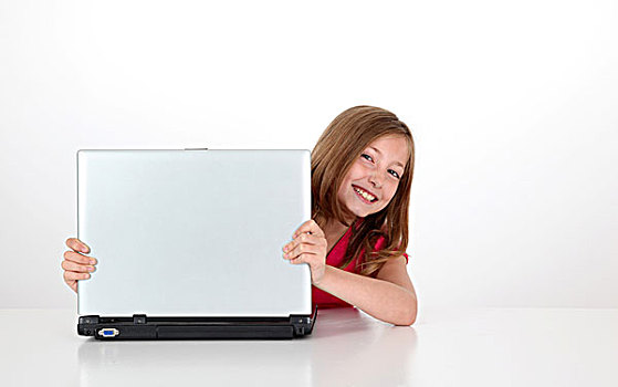 头像,金发,小女孩,后面,笔记本电脑