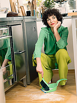 女人,厨房,畚箕,打扫,刷