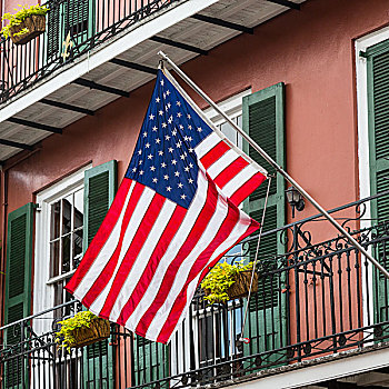 美国国旗,户外,历史,房子,法国区,新奥尔良,路易斯安那,美国,北美
