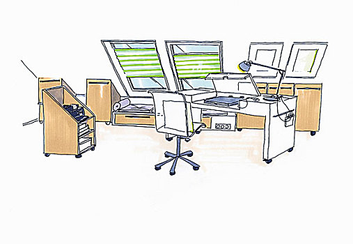 插画,办公室,地面,书桌,椅子