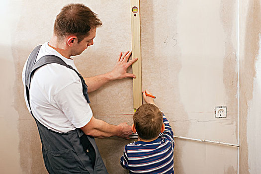 父子,测量,干燥,墙壁,家,折尺,气泡,水平