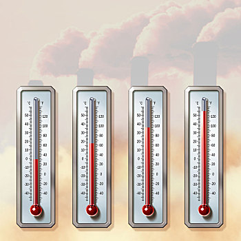 插画,图像,温度计,展示,上升,温度,烟,排放,烟囱,全球变暖