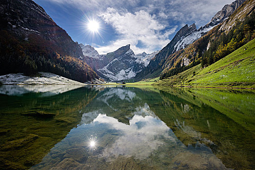 湖,反射,山,阿彭策尔,瑞士,欧洲